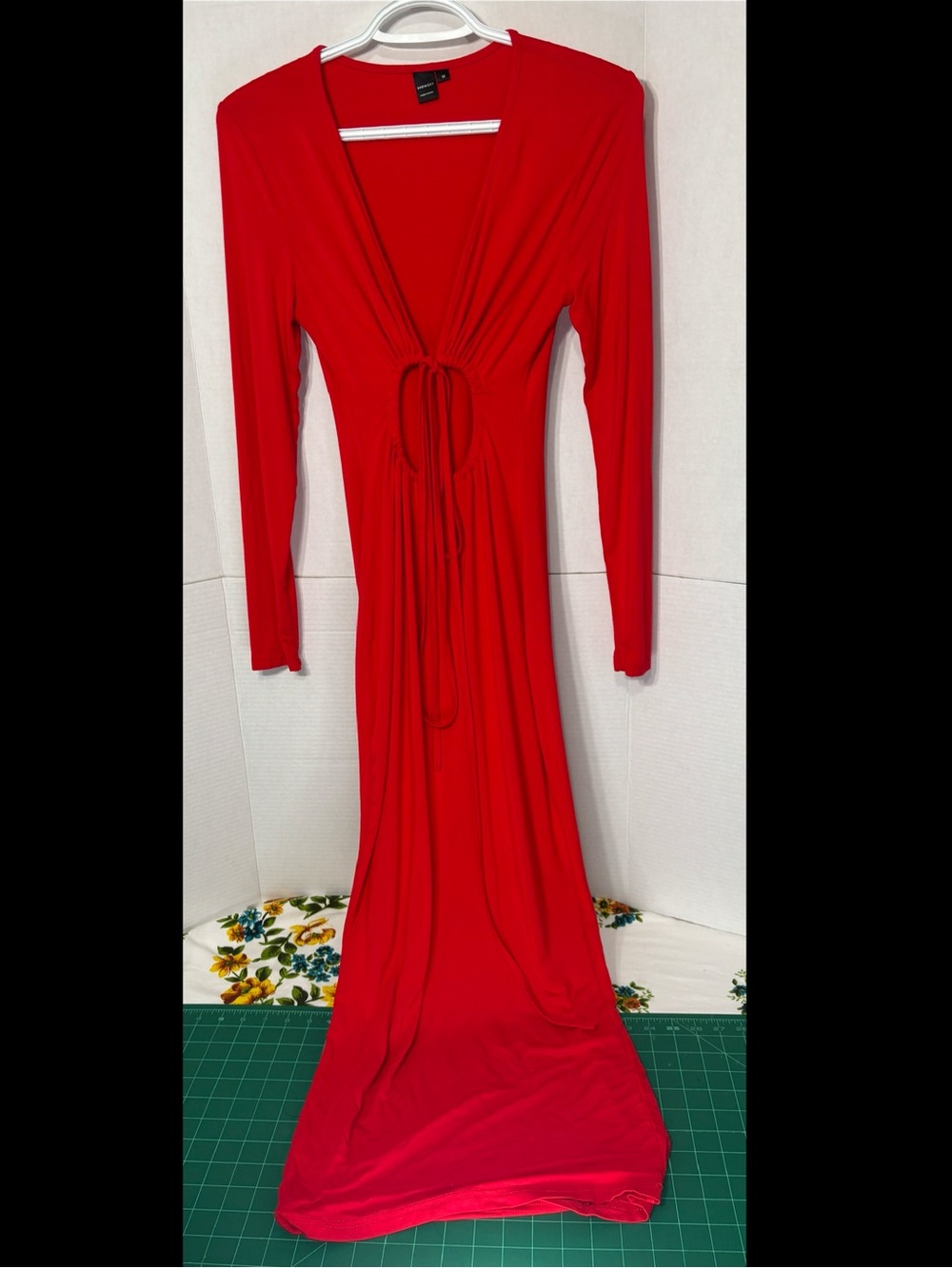 SHEIN Red Long-Sleeve Tie-Front Maxi Dress Peek-a-Boo Sexy Style Party Outfit